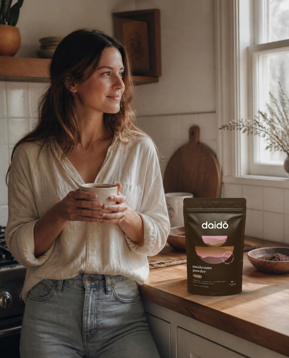 Woman in a sunlit kitchen with daido powder on the counter